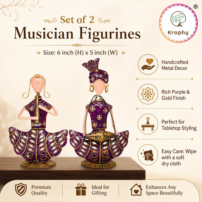Rajasthani Musician Couple Sitting Showpiece Set | Hand-Painted Purple Folk Art | Set of 2 | 8 & 9 Inch detail 3