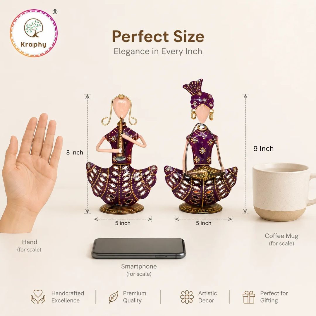 Rajasthani Musician Couple Sitting Showpiece Set | Hand-Painted Purple Folk Art | Set of 2 | 8 & 9 Inch