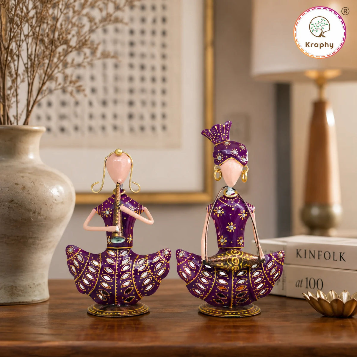 Rajasthani Musician Couple Sitting Showpiece Set | Hand-Painted Purple Folk Art | Set of 2 | 8 & 9 Inch A+ main media
