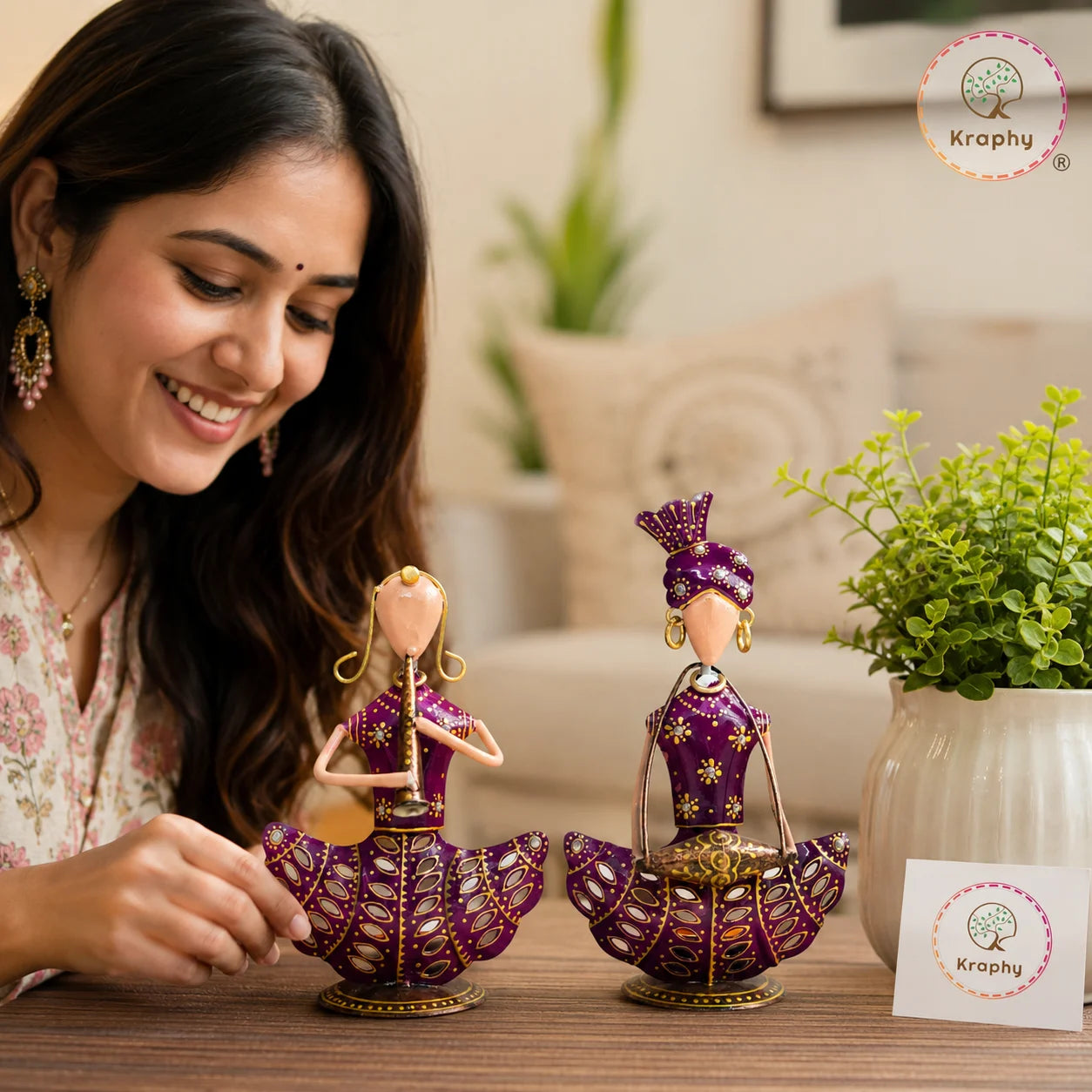 Rajasthani Musician Couple Sitting Showpiece Set | Hand-Painted Purple Folk Art | Set of 2 | 8 & 9 Inch