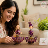 Rajasthani Musician Couple Sitting Showpiece Set | Hand-Painted Purple Folk Art | Set of 2 | 8 & 9 Inch thumbnail