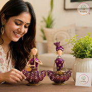 Rajasthani Musician Couple Sitting Showpiece Set | Hand-Painted Purple Folk Art | Set of 2 | 8 & 9 Inch