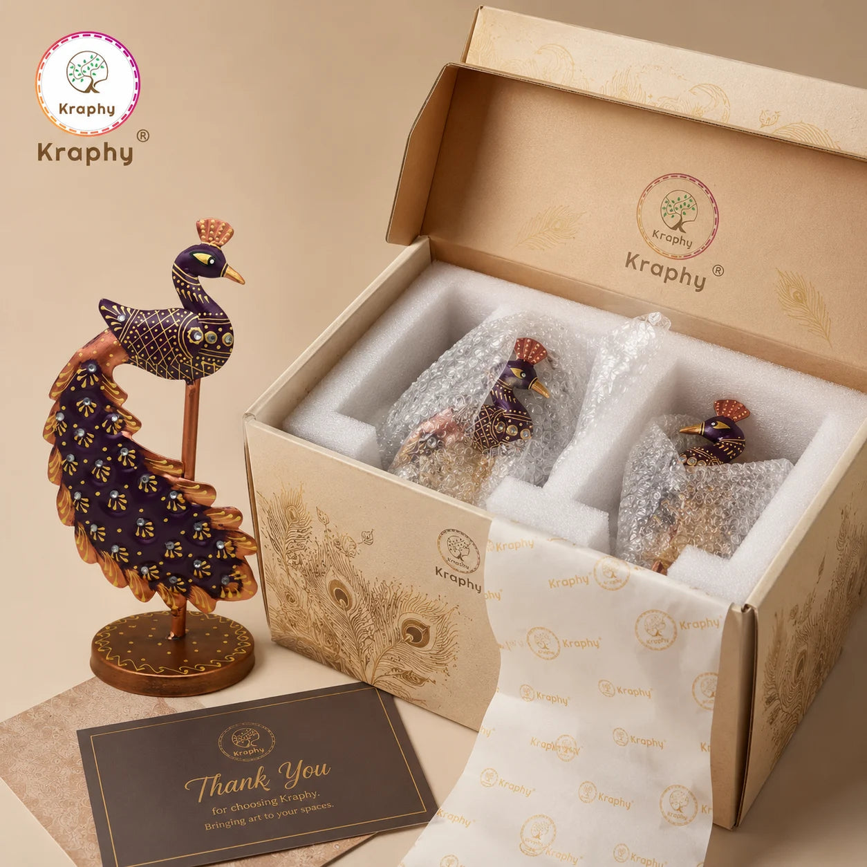 Royal Peacock Metal Showpiece Set | Hand-Painted Decorative Figurines | Set of 2 | 10 Inch
