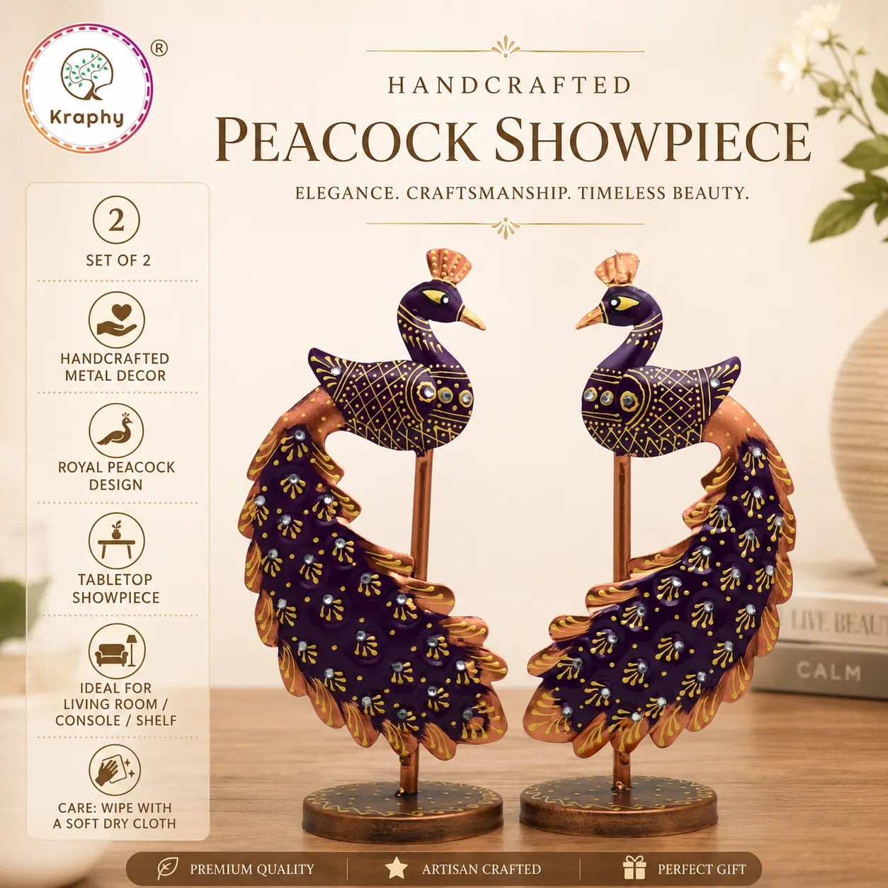 Royal Peacock Metal Showpiece Set | Hand-Painted Decorative Figurines | Set of 2 | 10 Inch