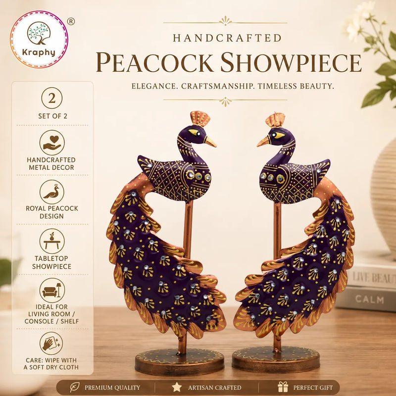 Royal Peacock Metal Showpiece Set | Hand-Painted Decorative Figurines | Set of 2 | 10 Inch detail 3