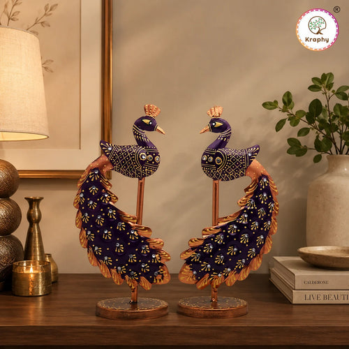 Royal Peacock Metal Showpiece Set | Hand-Painted Decorative Figurines | Set of 2 | 10 Inch media 1