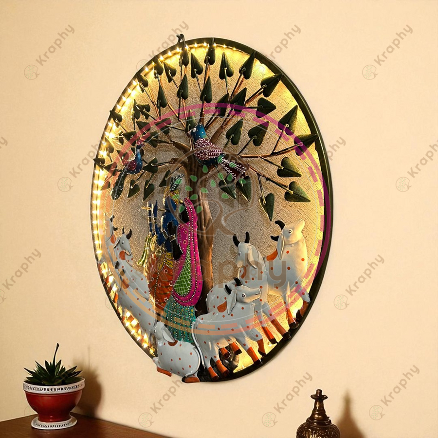 Radha Krishna with Cows Under Tree Metal Wall Art – 24 Inch