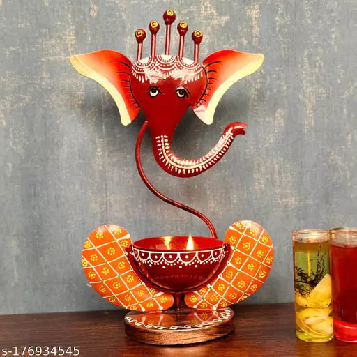 Kraphy Orange Metal Ganesha Tea-Light Showpiece