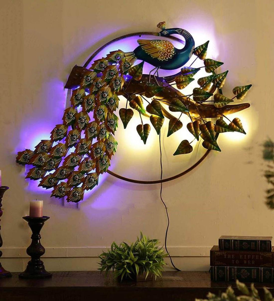 Metal Peacock Wall Art In Multicolour With LED