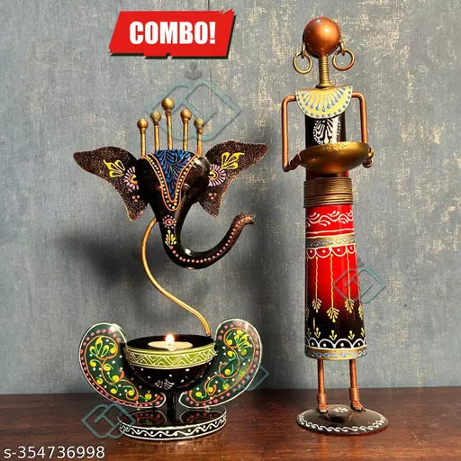 Kraphy Combo Metal Iron Tribal Lady showpieces Ladies Doll Figurine Statue Decorative Items /Ganesha Tea Light Showpieces Combo Pack of 2