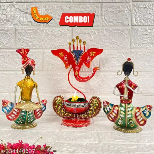 Kraphy Metal Ganesha And Tea Light Musician Showpiece for Home Living Room Table Decoration Combo Set Pack of 3