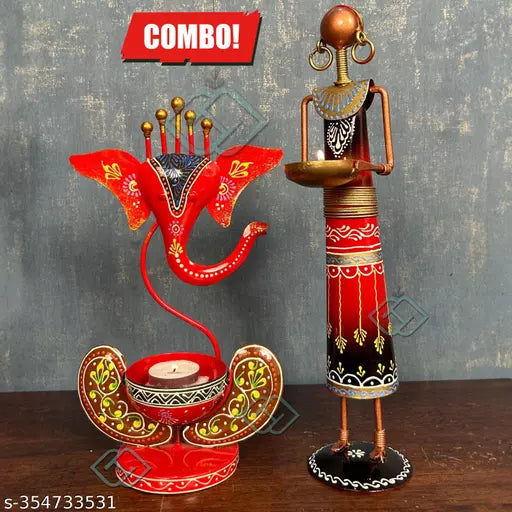 Combo Kraphy Metal Iron Tribal Lady showpieces And Ganesha Tea Light Showpieces image