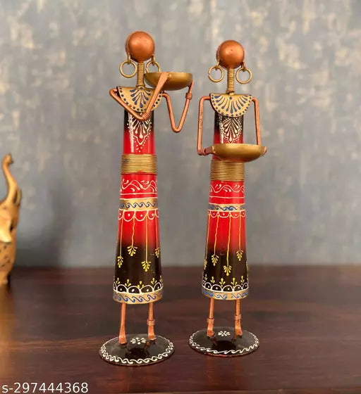 Metal Wrought Iron Tribal Lady showpieces Ladies Doll Figurine Statue Decorative Items | Show Pieces for Home Decor Stylish Living Room Tea Light Red Set Of 2