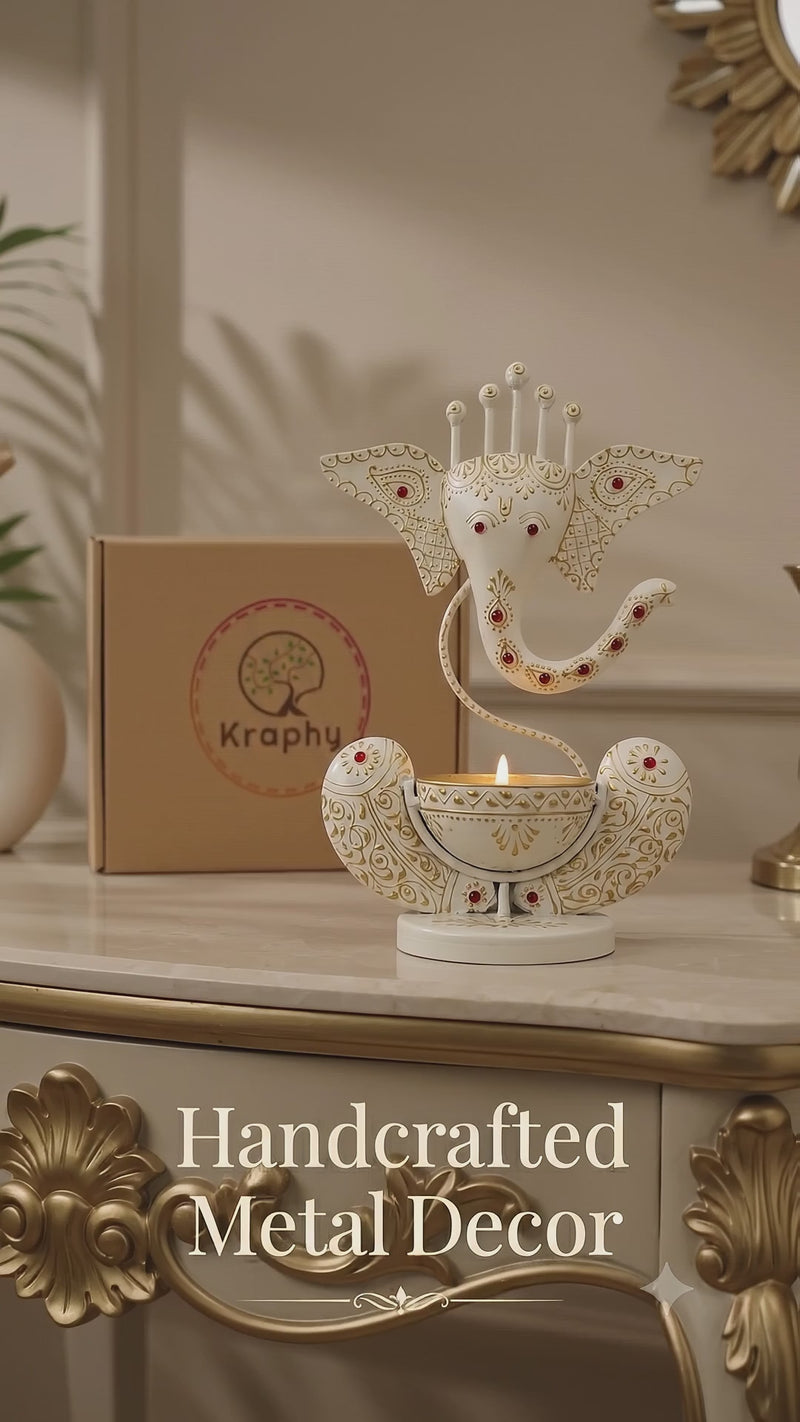White Ganesh Ji Iron Tealight Candle Holder detail 2
