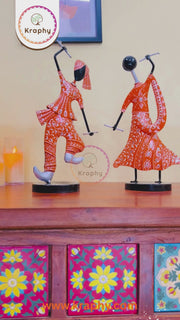 (Pack Of 2)  Orange Iron Musician Playing Garba Dandiya Showpiece