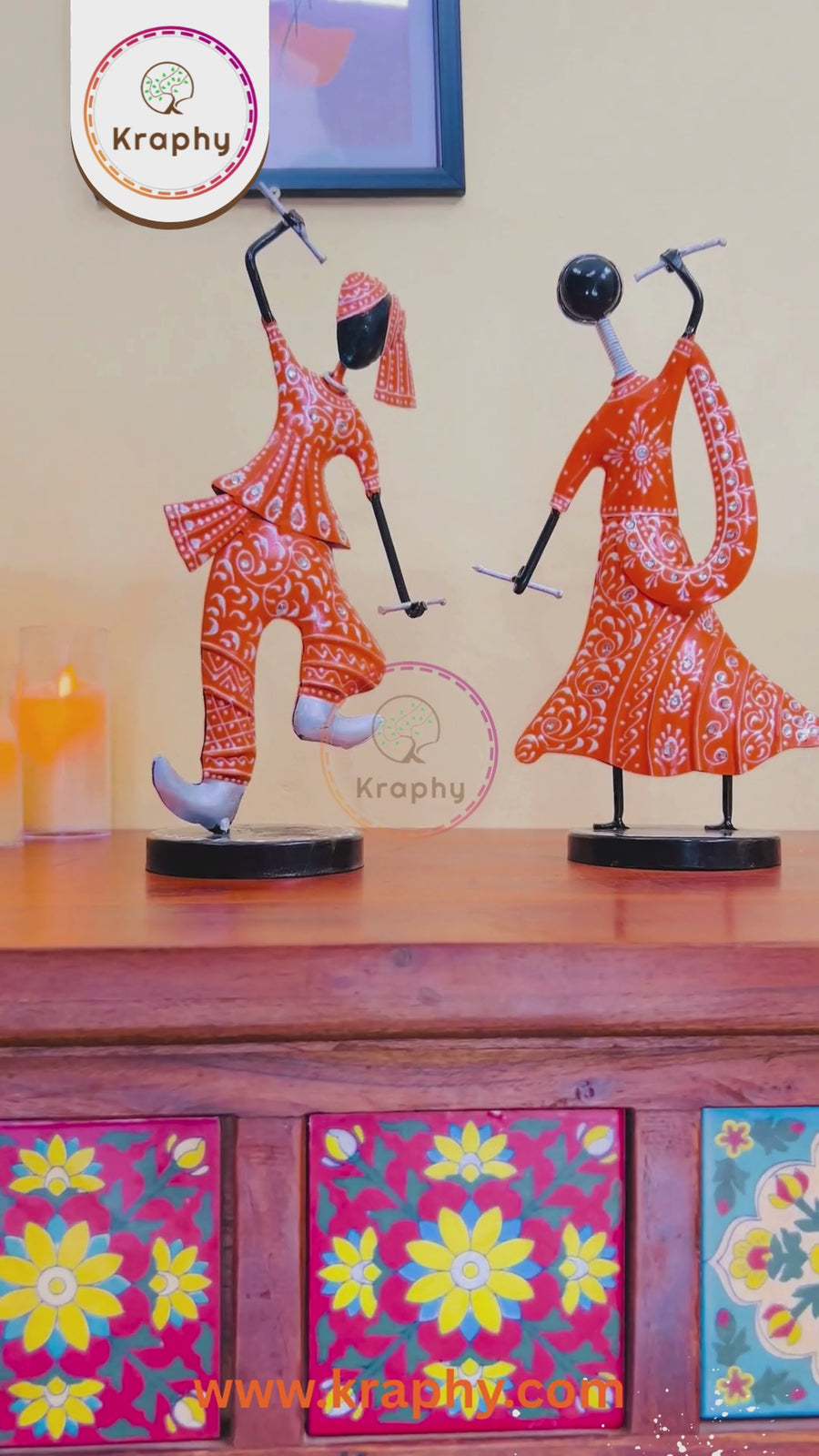 (Pack Of 2)  Orange Iron Musician Playing Garba Dandiya Showpiece