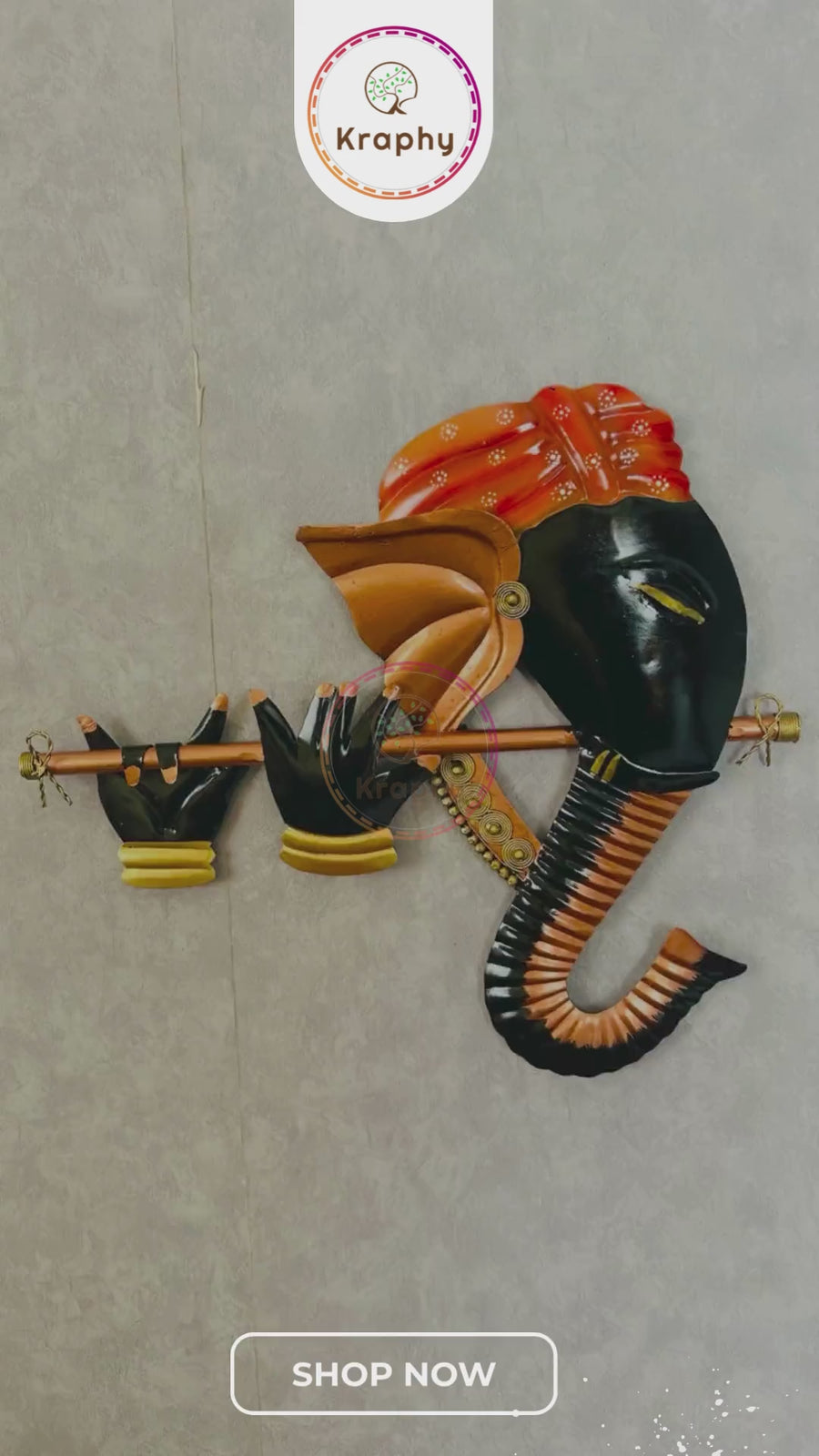 Kraphy Wrought Iron Ganesha Playing Flute Basuri Wall Art