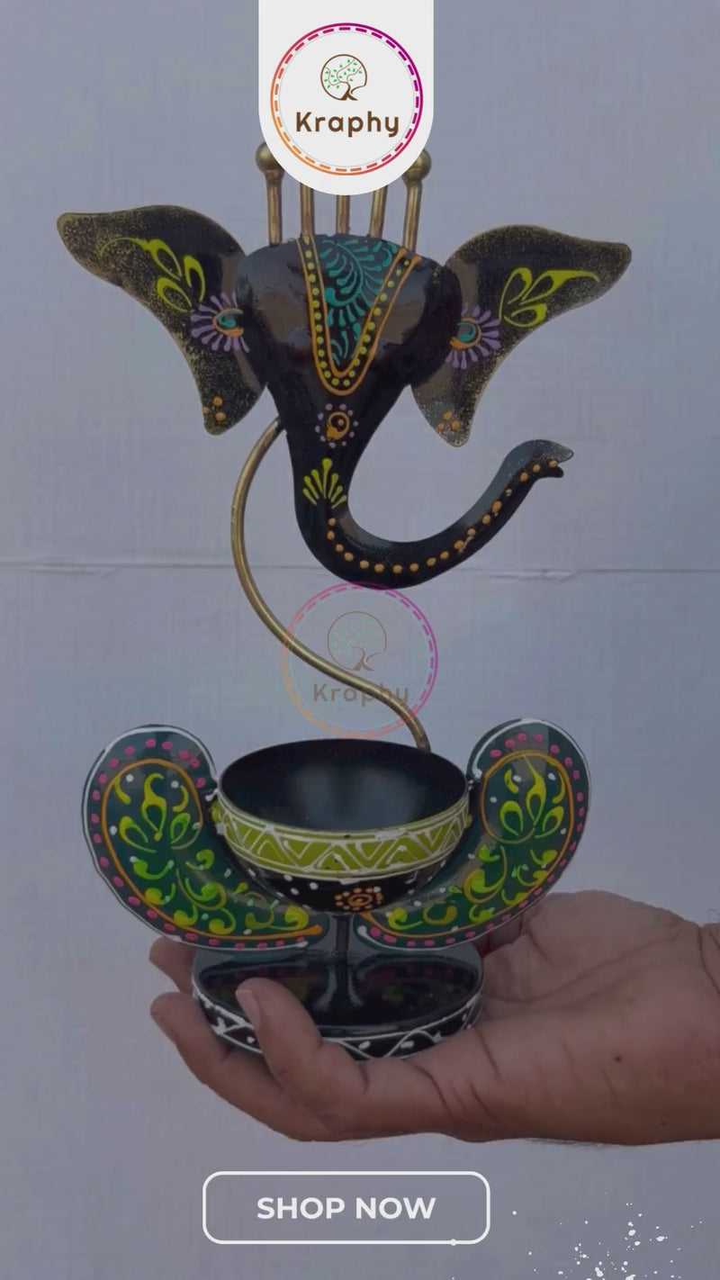 Kraphy Green Ganesha Ji Iron Table Decorative showpiece Tealight Candle Holder detail 2