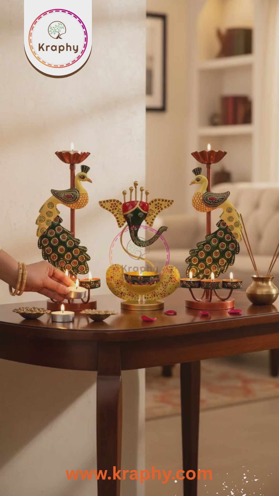 Metal Peacock Candle Holder Set with Ganesh Diya for Home Decor (Pack of 3) 13 Inch