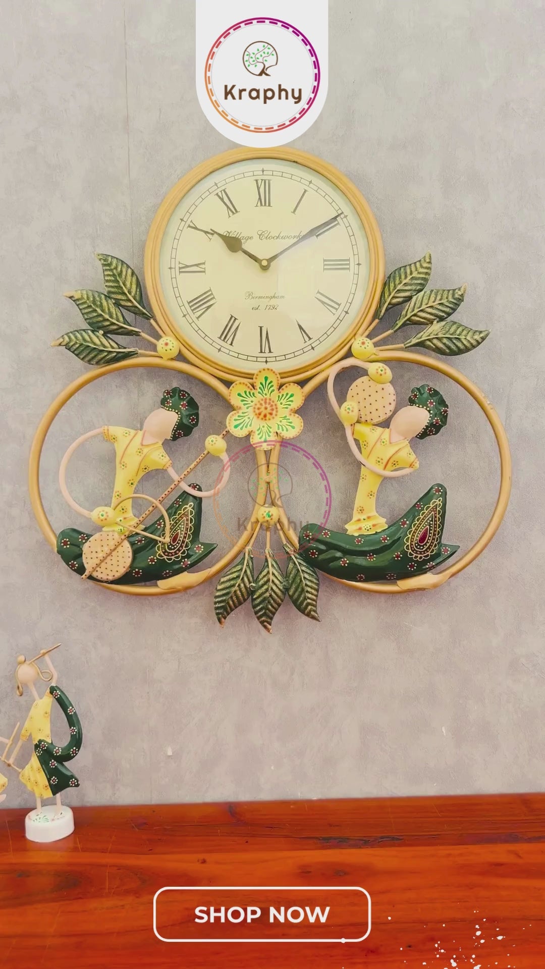 Green Metal Wrought Iron Musician Wall Hanging With Clock