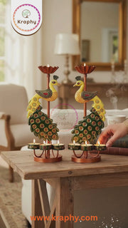Metal Peacock Diya Candle Holder Set Of 2 13 Inch