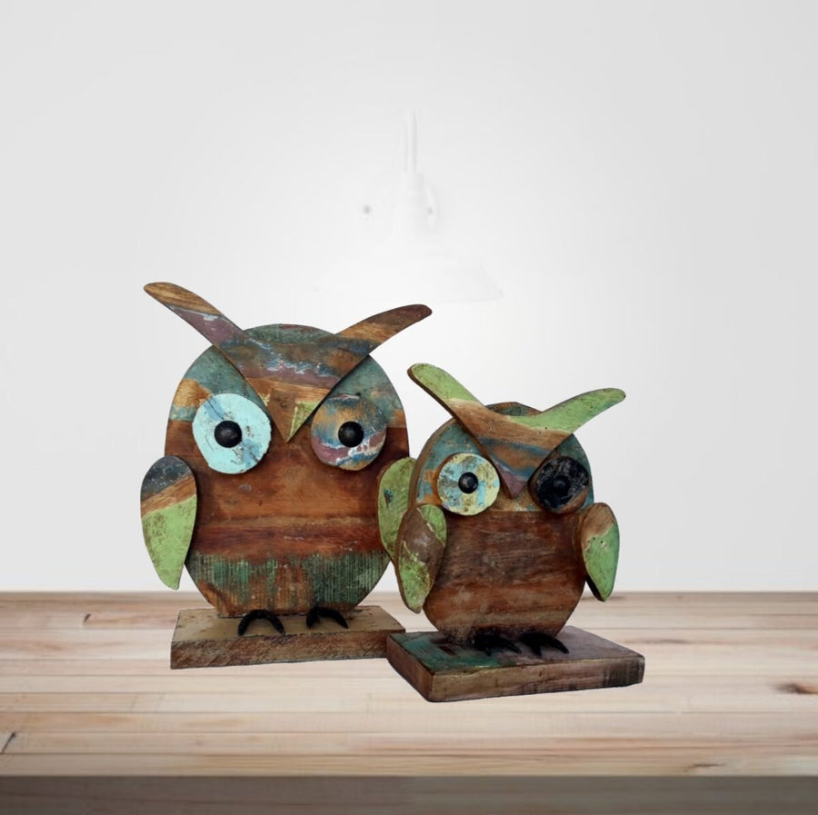 Recycled Wooden & Iron Owl Set