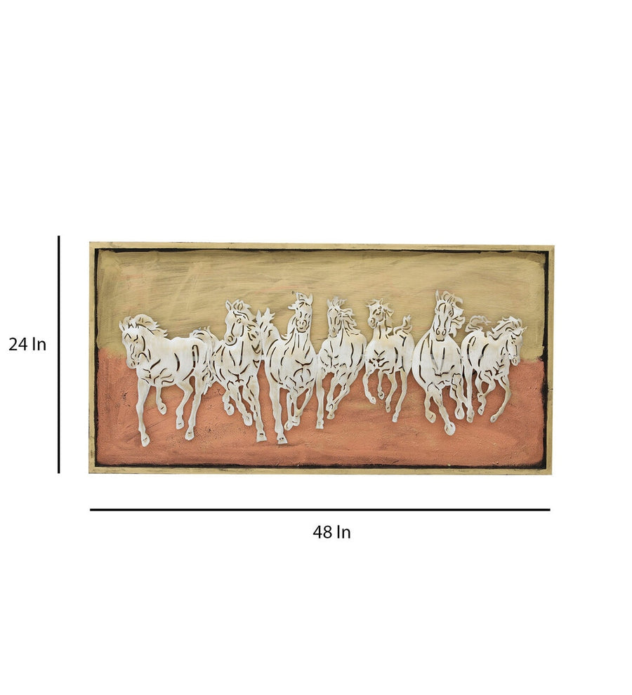 Seven Horse Brown Iron & Wooden Led Wall Art
