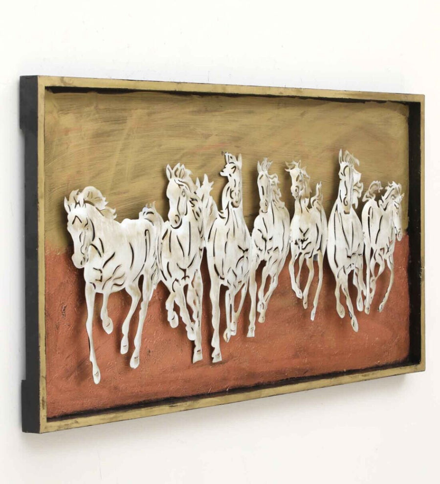 Seven Horse Brown Iron & Wooden Led Wall Art