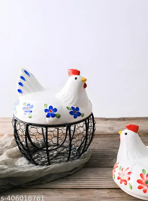 Kraphy black Matel mesh L Shape Wire Egg Storage With White Ceramic Farm Chicken Top And Handles (White Blue Print)