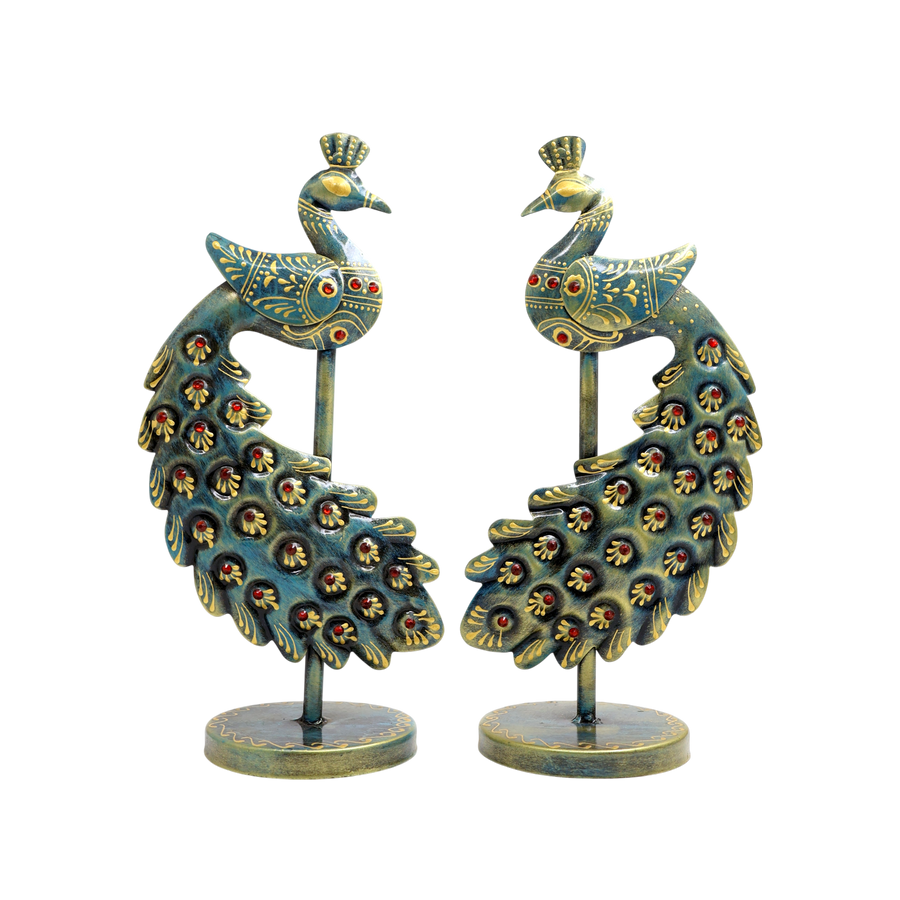 Metal Peacock Showpiece Set of 2 | Decorative Peacock (10 x 5 Inch)