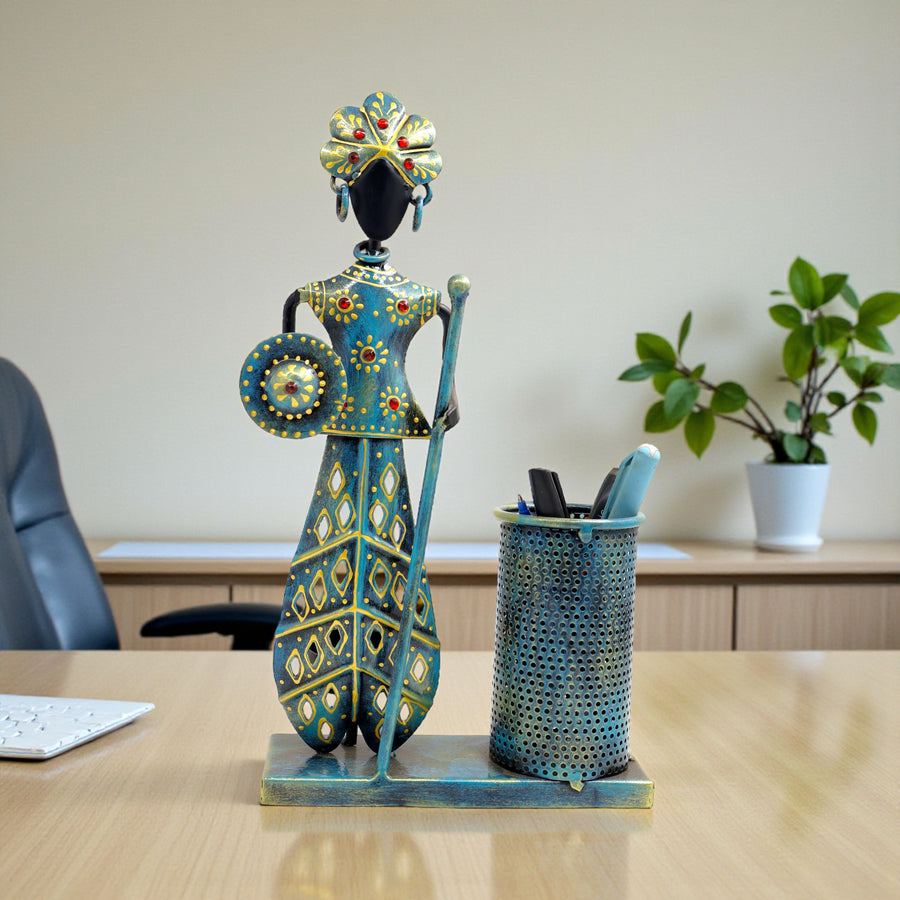Handmade Tribal Musician Metal Pen Stand with Holder | 11 Inch