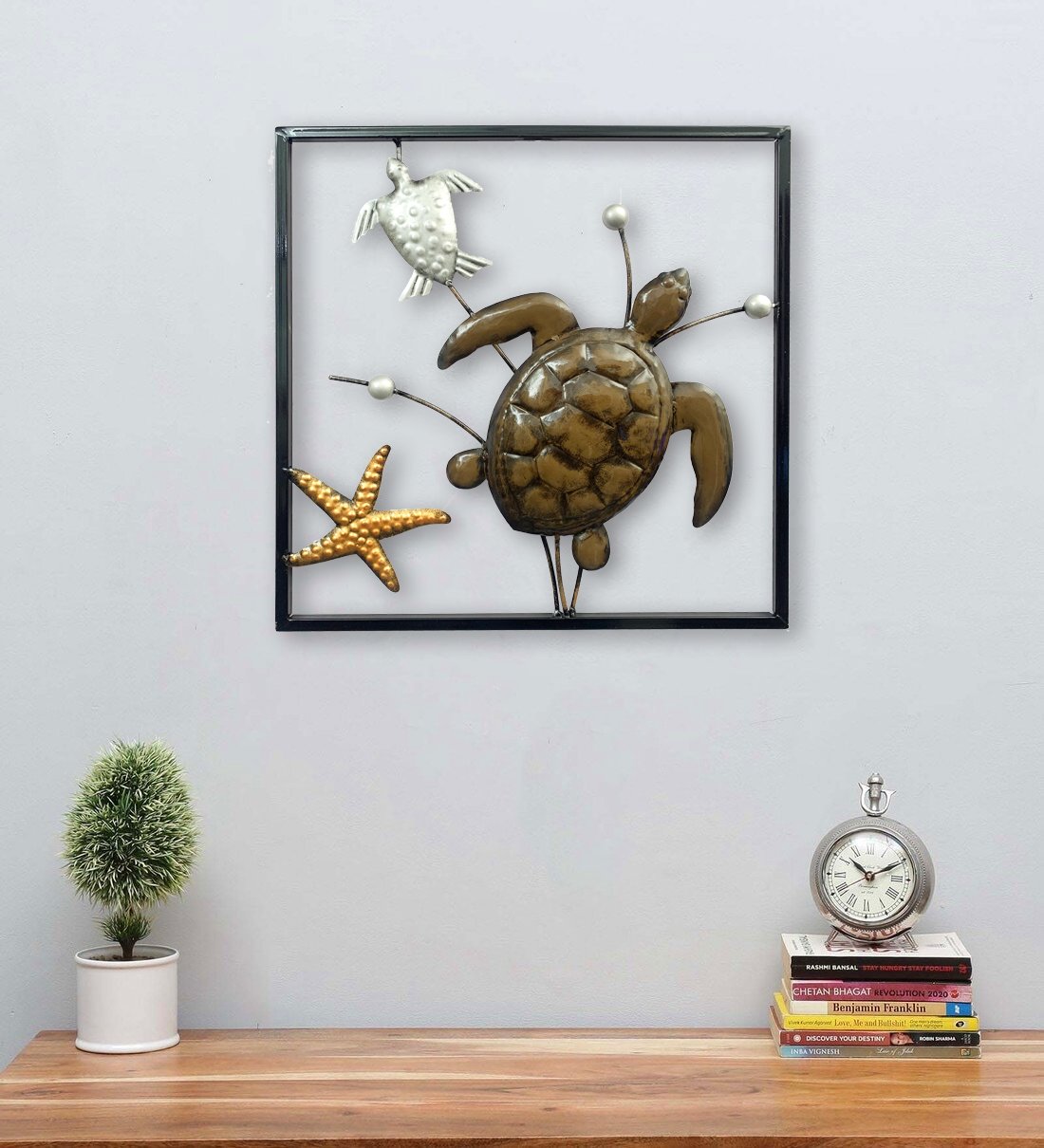 Turtle Wealth And Prosperity With Star Fish Metal Wall Art Panel