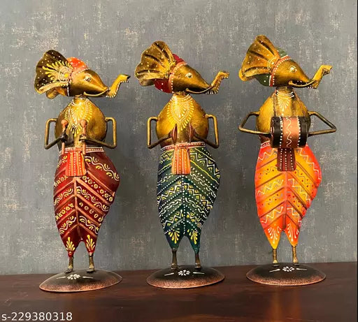 Kraphy-Standing Musical Ganesh in Iron Handmade Decorative gift item Showpiece for Home Décor Decorative Showpiece - (Iron, Multicolor) Set Of 3