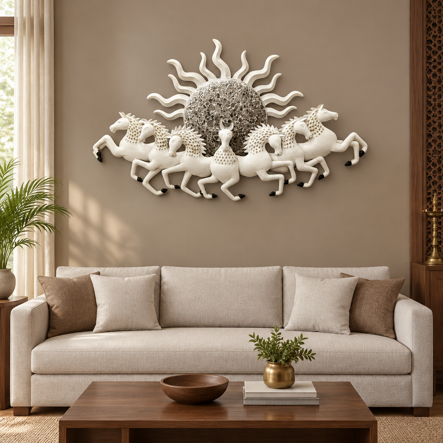 White Seven Running Horses Metal Wall Art