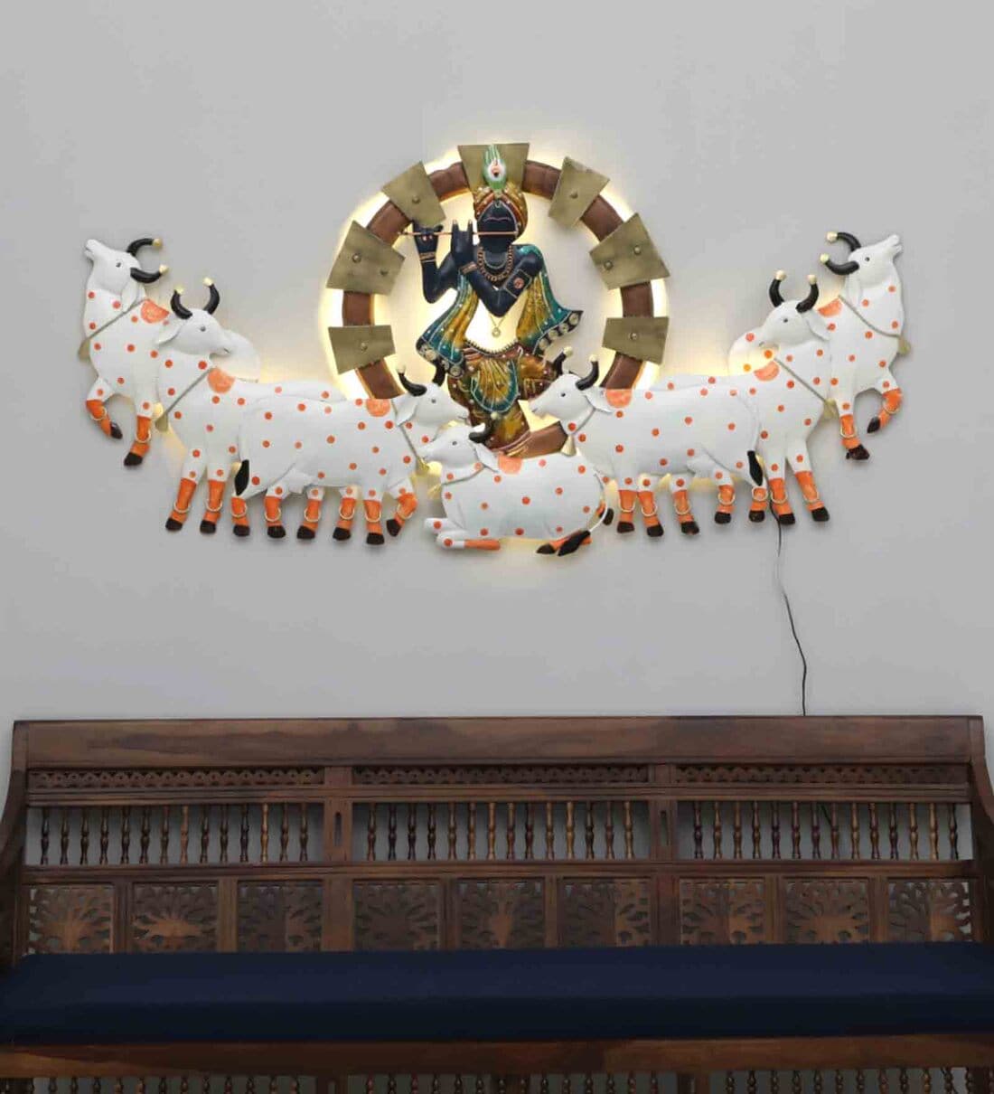 Lord krishna With Cow Back Light Spiritual Metallic Wall Art A+ main media