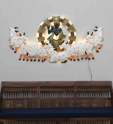 Lord krishna With Cow Back Light Spiritual Metallic Wall Art