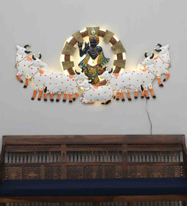Lord krishna With Cow Back Light Spiritual Metallic Wall Art