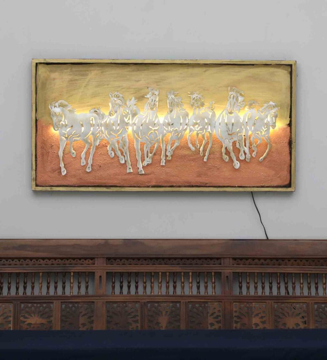 Seven Horse Brown Iron & Wooden Led Wall Art