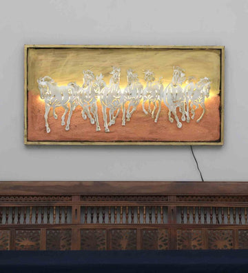 Seven Horse Brown Iron & Wooden Led Wall Art