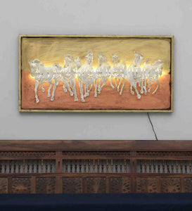 Seven Horse Brown Iron & Wooden Led Wall Art