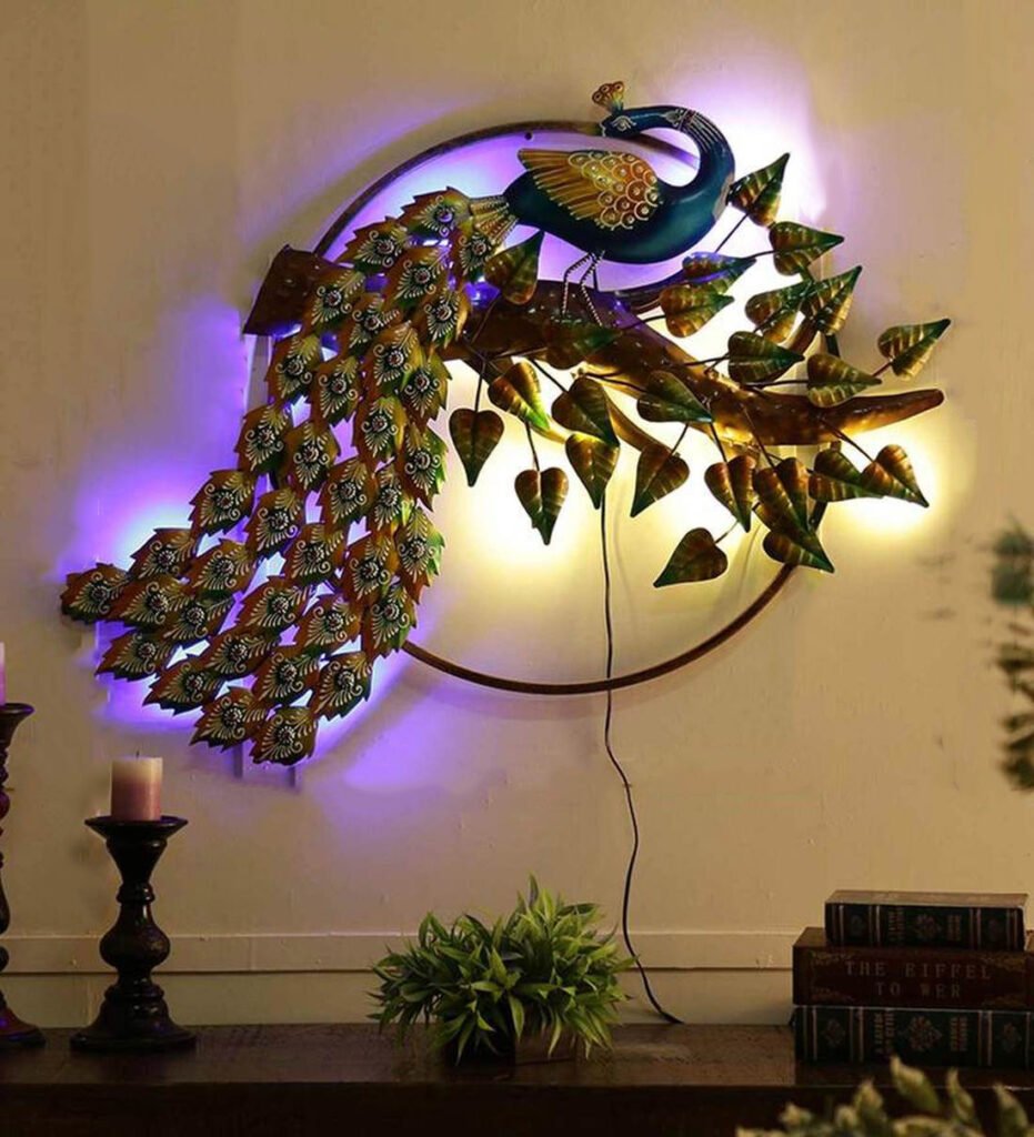 Buy Metal Peacock Wall Art In Multicolour With LED Online - KRAPHY
